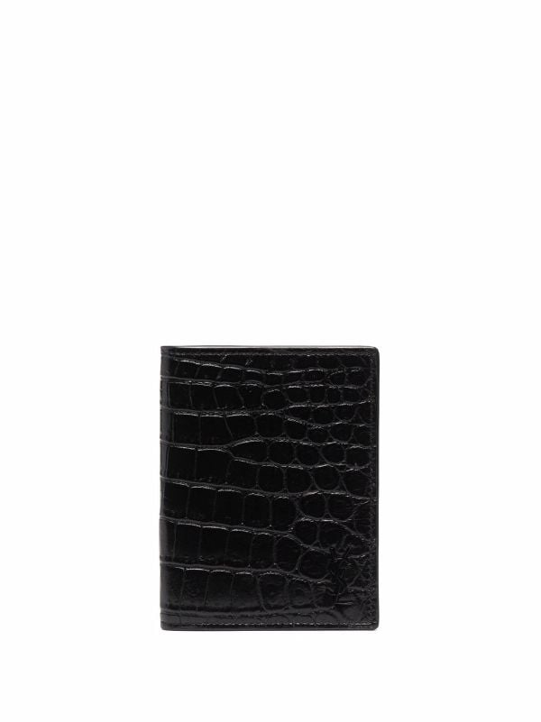 Croc Effect Leather Card Holder in Black - Saint Laurent