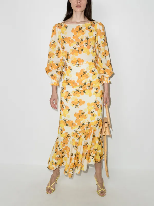 Peony yellow cutout citrus print dress 