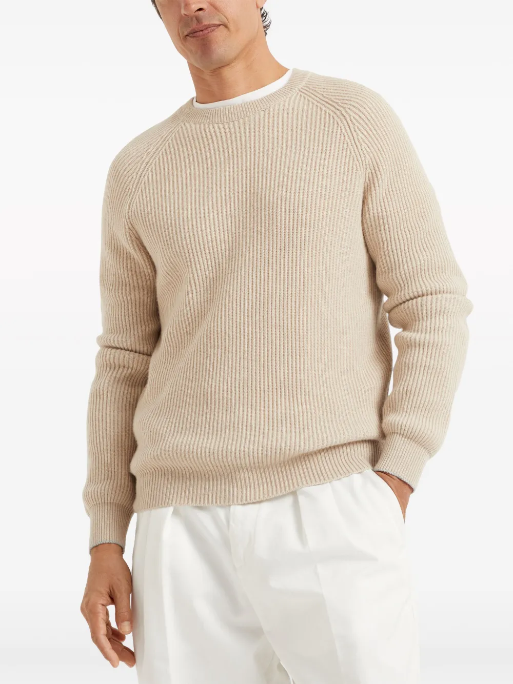 Brunello Cucinelli Crew Neck Cashmere-knit Sweater In Nude