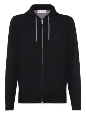 Hooded zip-up sweatshirt for Man in Black | Brunello Cucinelli