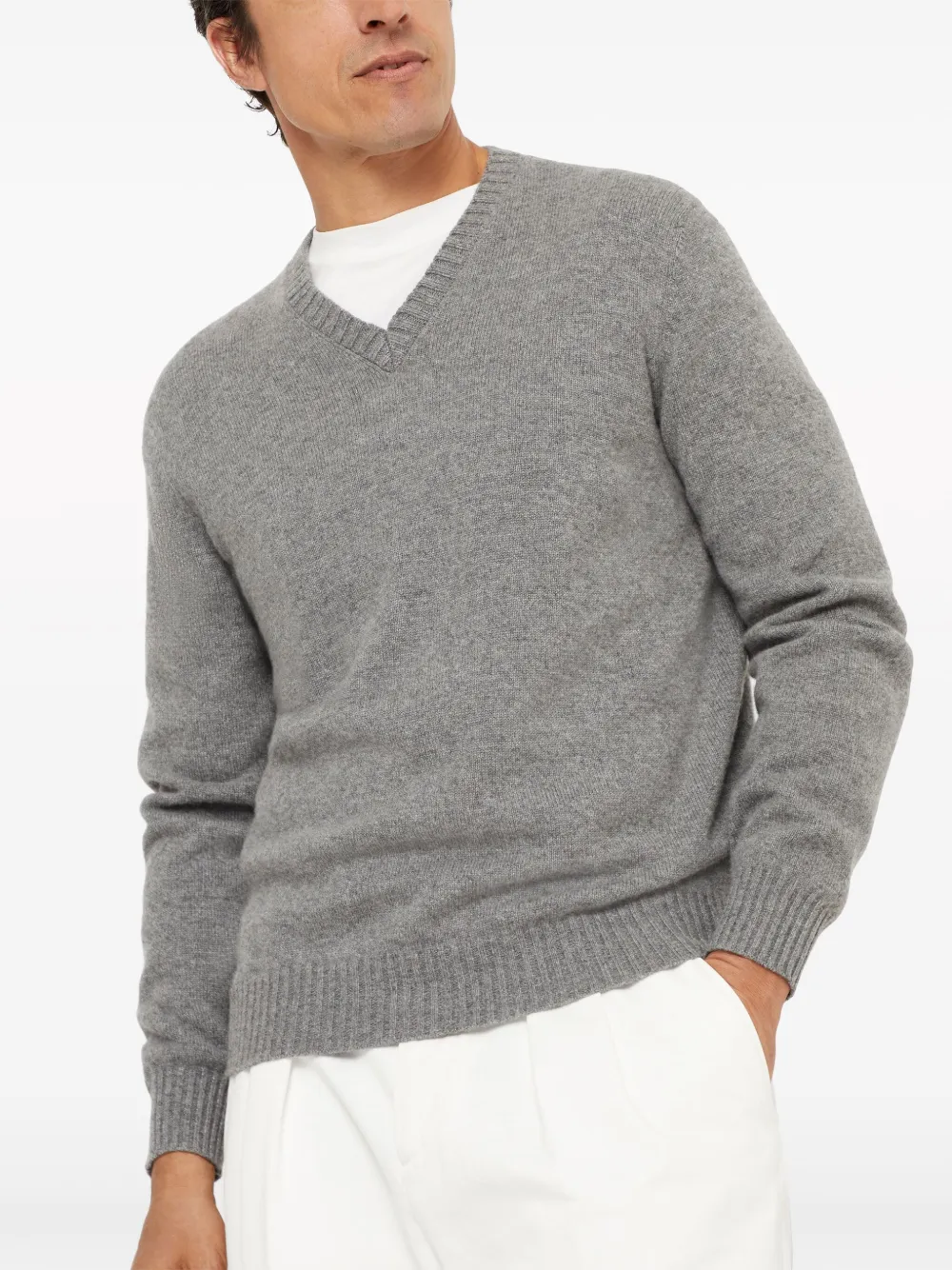Brunello Cucinelli V-neck Wool-cashmere Jumper In Grey