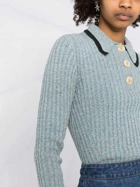 Shop GANNI ribbed-knit polo shirt with 