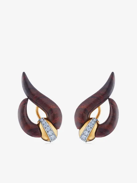 FRED LEIGHTON 18kt yellow gold diamond Cocobolo wood wave earrings