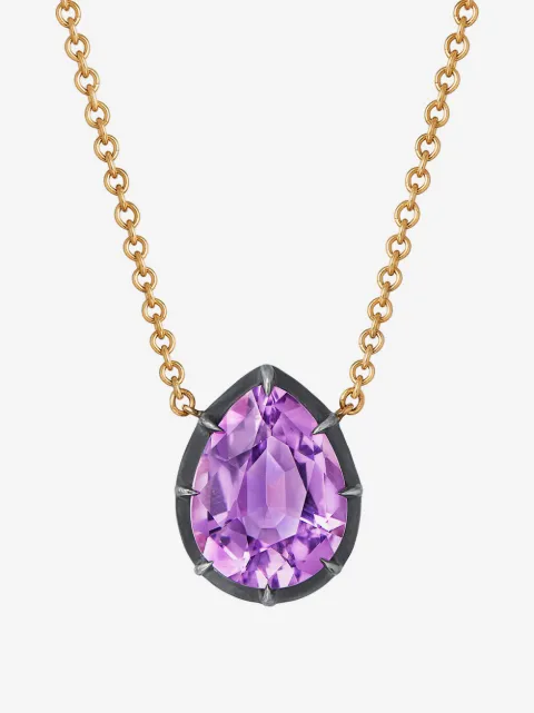 FRED LEIGHTON 18kt yellow gold pear shaped amethyst collet solitaire pendant necklace