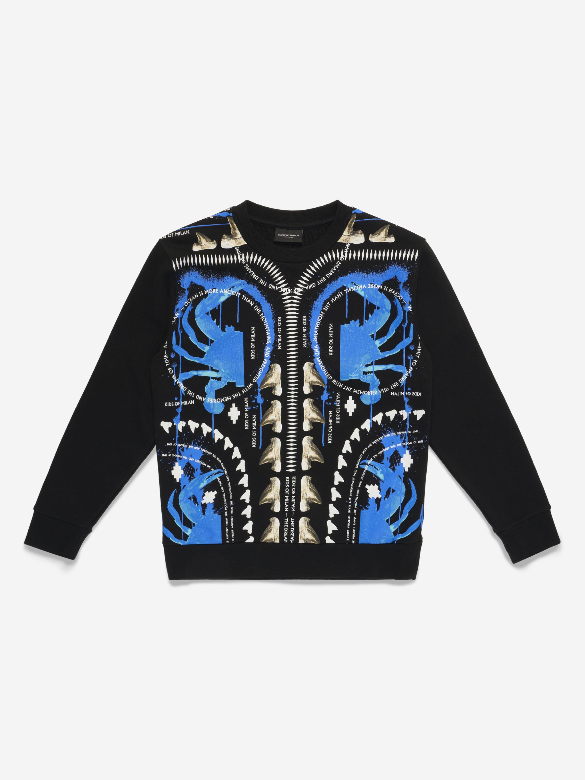 Black/blue/white cotton blend Sprayed crew-neck sweatshirt from Marcelo Burlon Kids featuring crew neck, long sleeves, ribbed hem, ribbed cuffs and signature spray print.