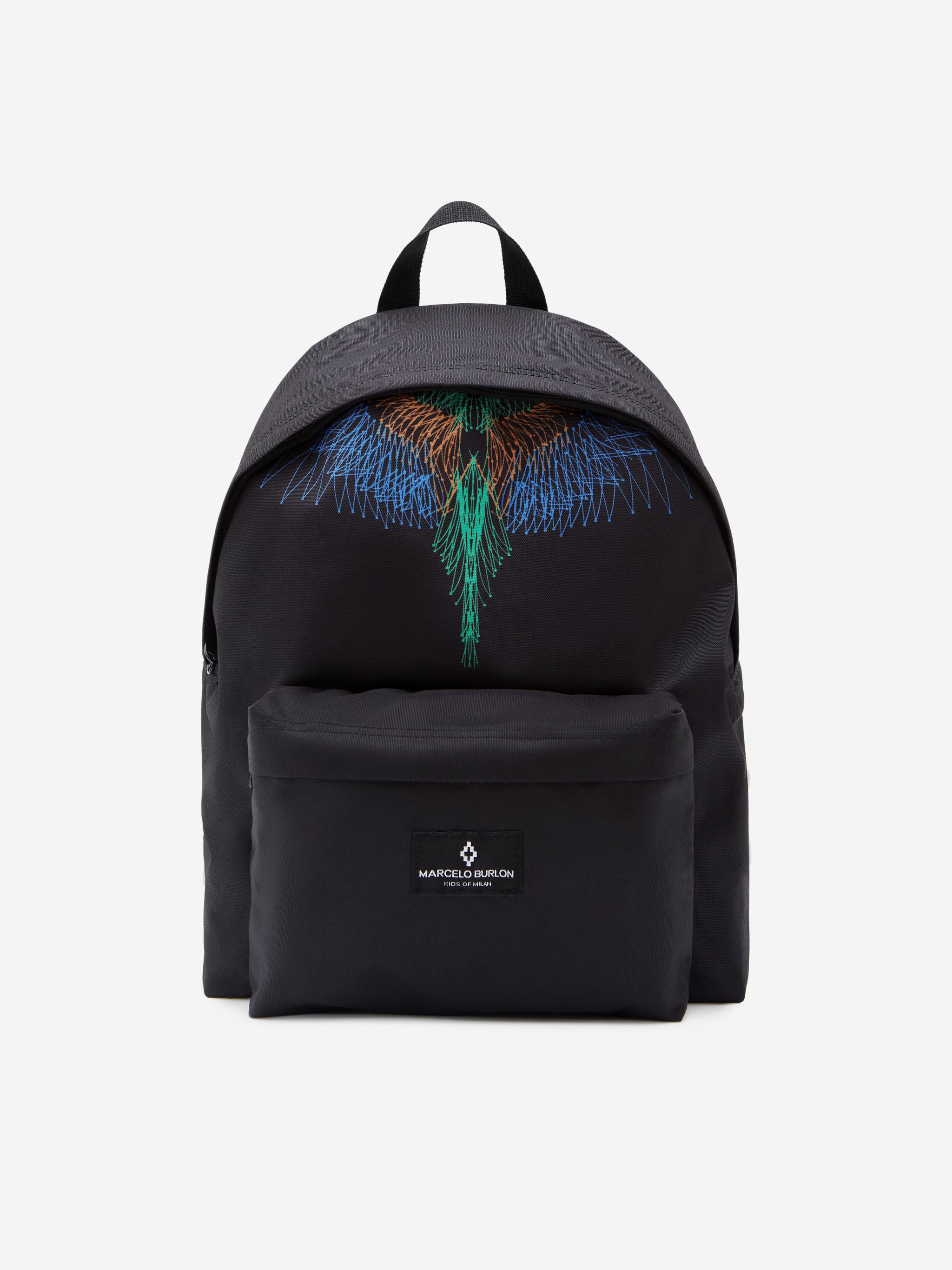 Black/multicolour Wings Graphic backpack from Marcelo Burlon Kids featuring signature Marcelo Burlon Wings print, logo patch to the front, main compartment, internal slip pocket, front zip-fastening compartment, two-way zip fastening, single rounded top handle and adjustable shoulder straps.