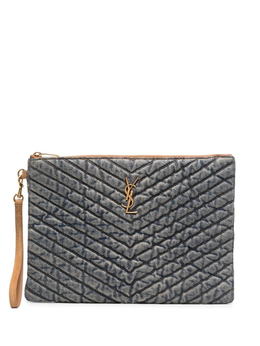 Saint Laurent Monogram Quilted Denim Tablet Pouch In Blue