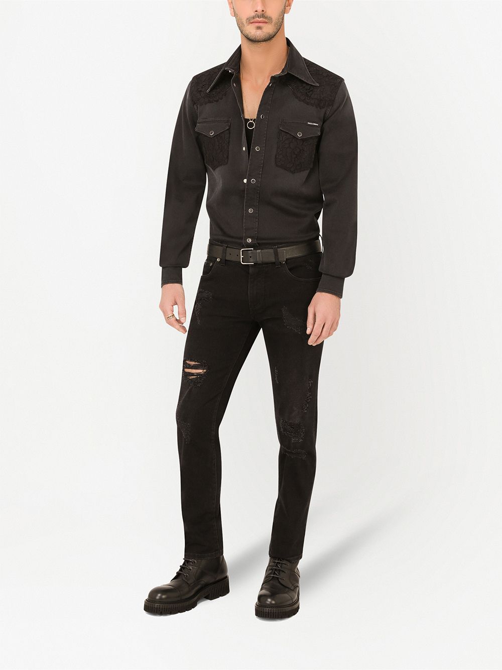 Shop Dolce & Gabbana Denim Lace-detail Shirt In Black