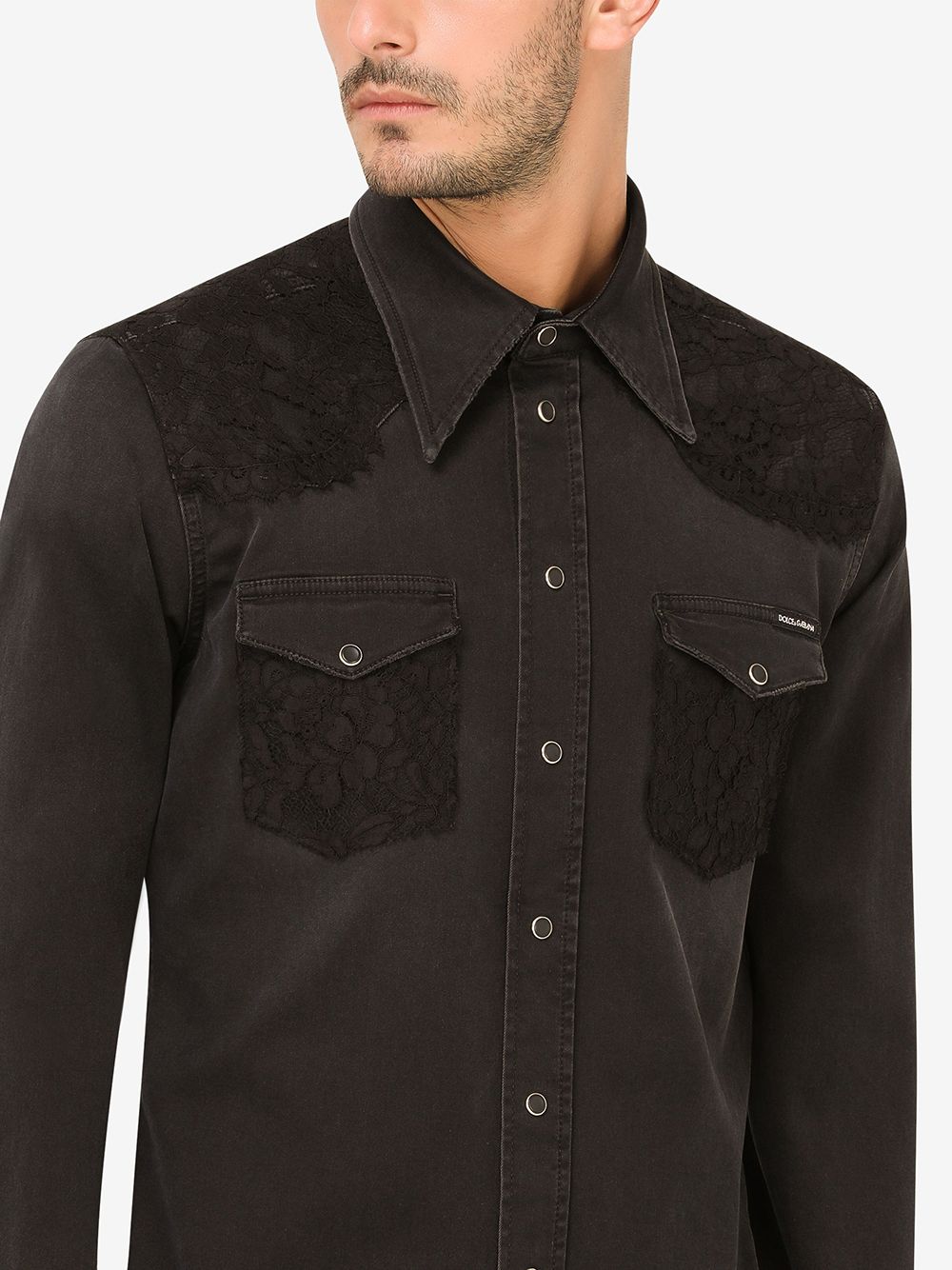 Shop Dolce & Gabbana Denim Lace-detail Shirt In Black