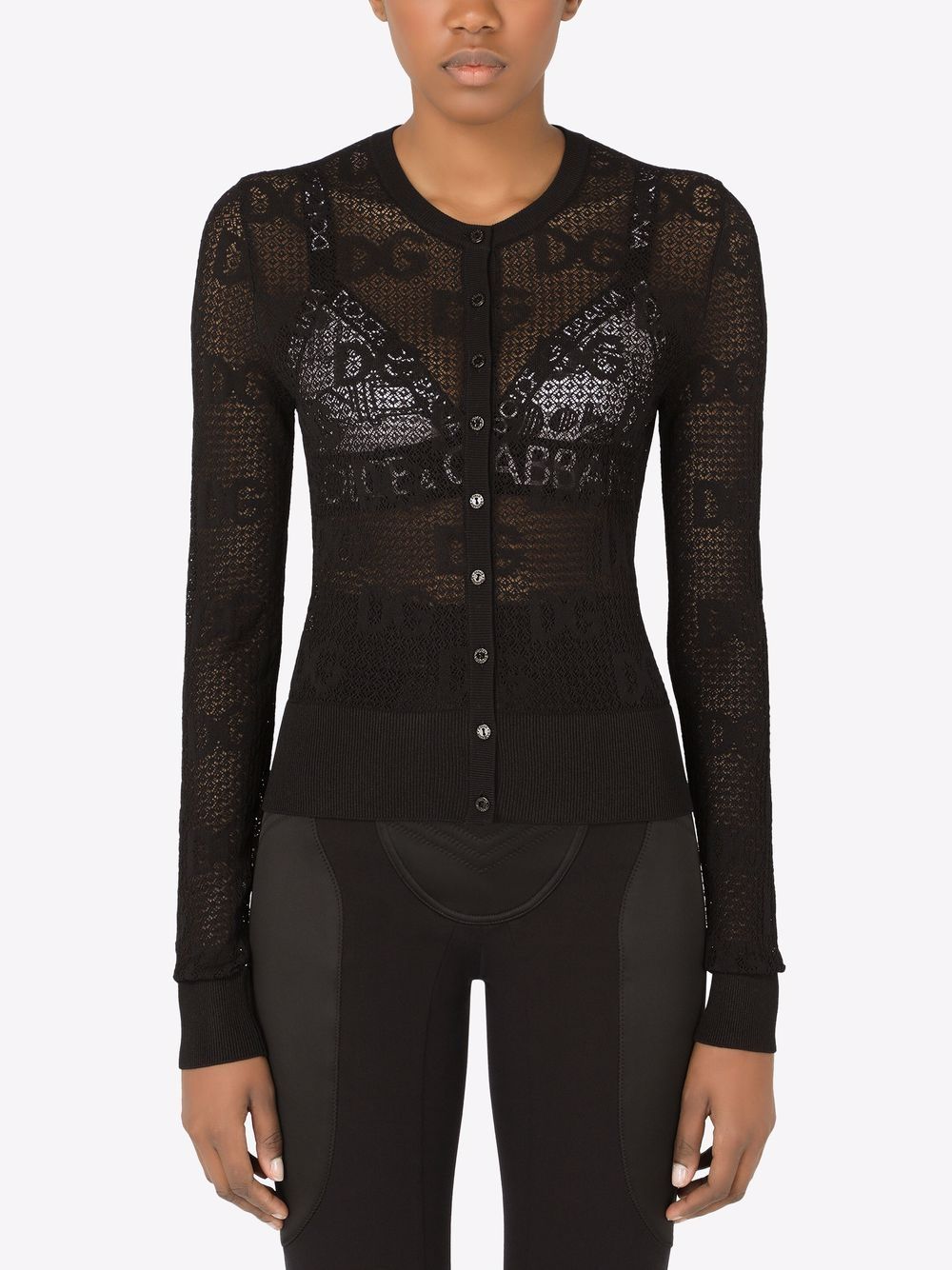 Shop Dolce & Gabbana Dg-logo Lace-stitch Cardigan In Black
