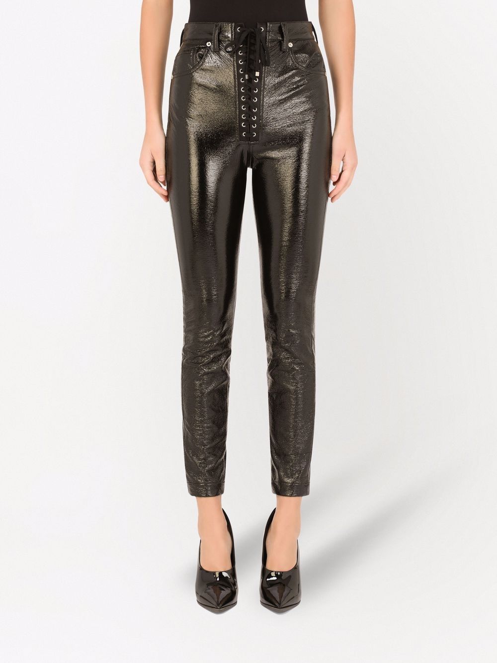 Shop Dolce & Gabbana Coated Lace-up Skinny Trousers In Black