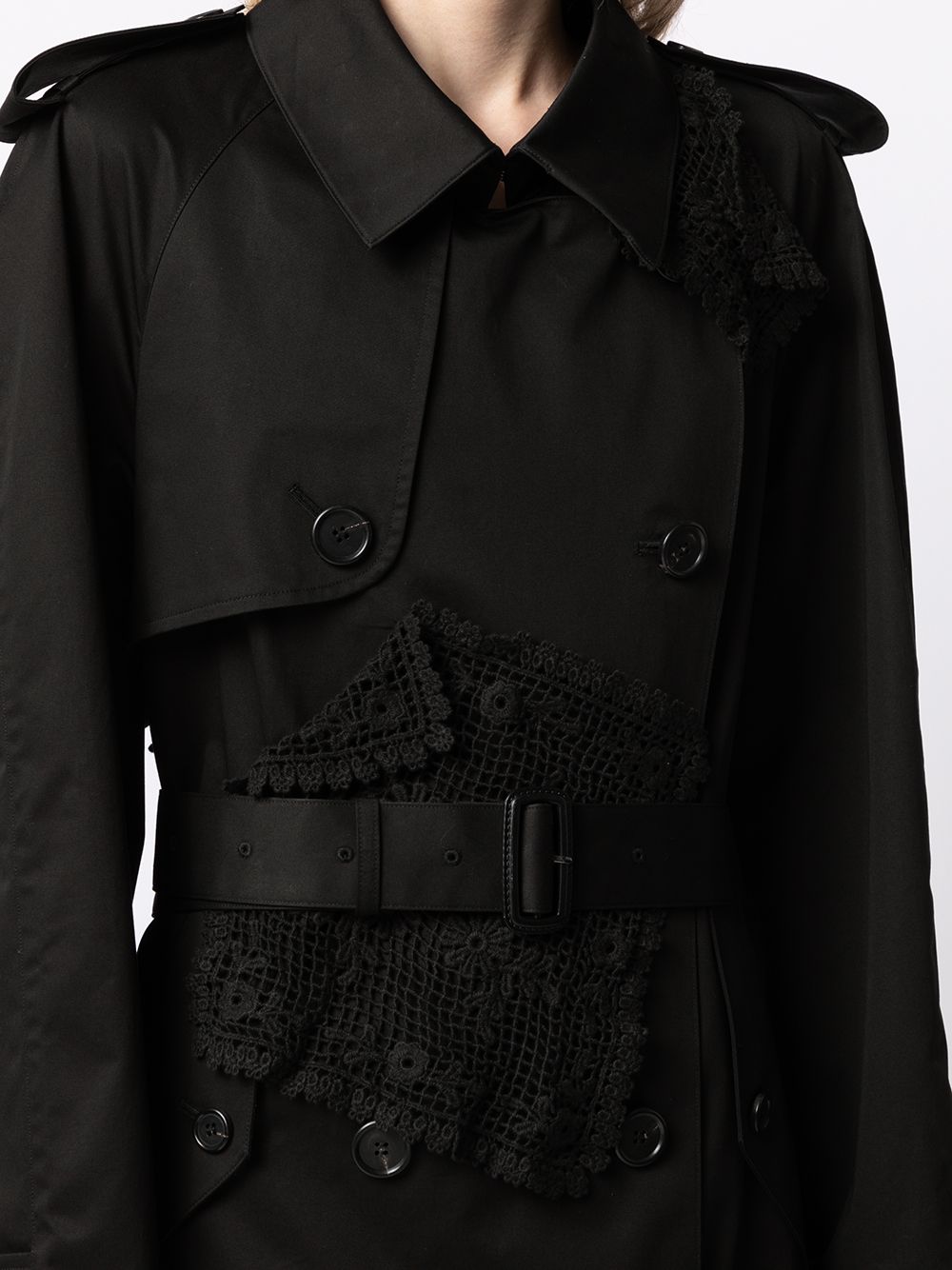 Shop Goen J Double-breasted Lace-paneled Trench Coat In Black