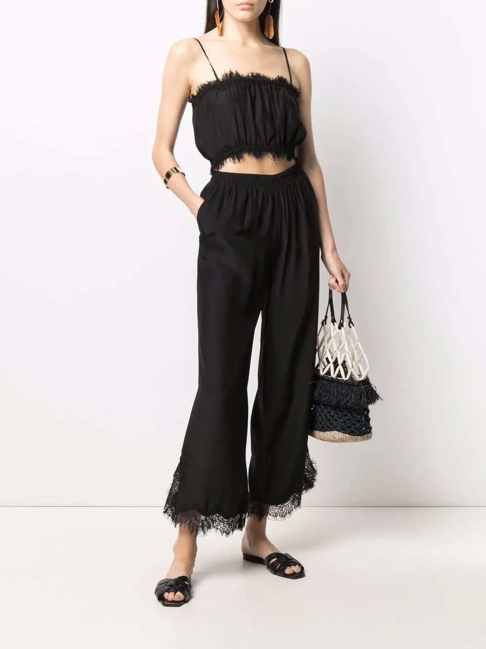  Gold Hawk Lace-trim Silk Crop Top - Black 