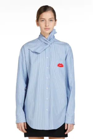 Embellished Tie-Neck Pinstripe Shirt 