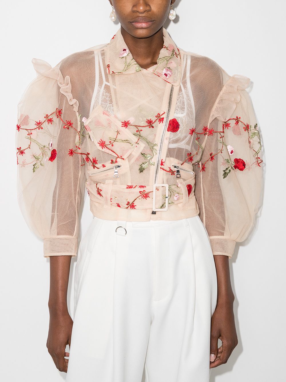 фото Simone rocha embroidered ruffle biker jacket