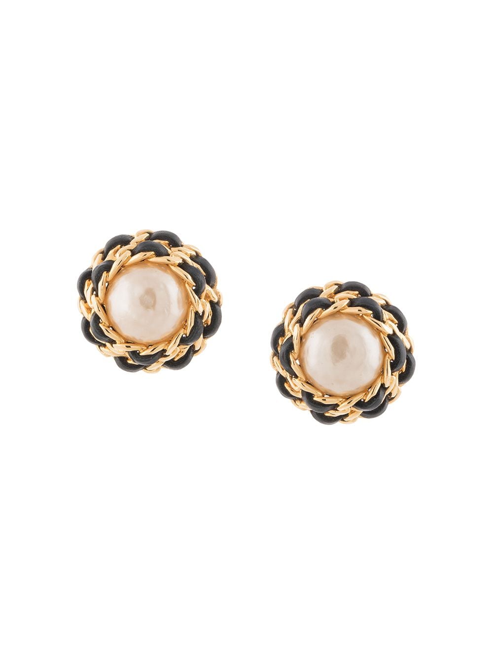 Pre-owned Chanel 1980s Chain-link Pearl-embellished Clip-on Earrings In Gold