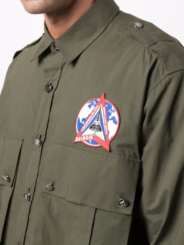 Balmain patch-detail long-sleeve Shirt Green FARFETCH VN