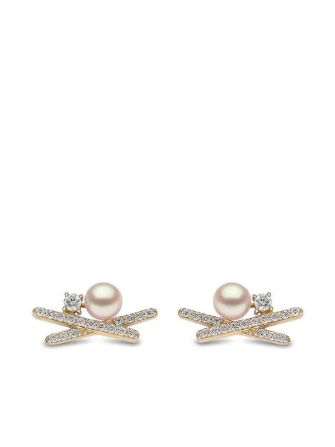 Yoko London 18kt yellow gold Sleek Akoya pearl diamond stud earrings