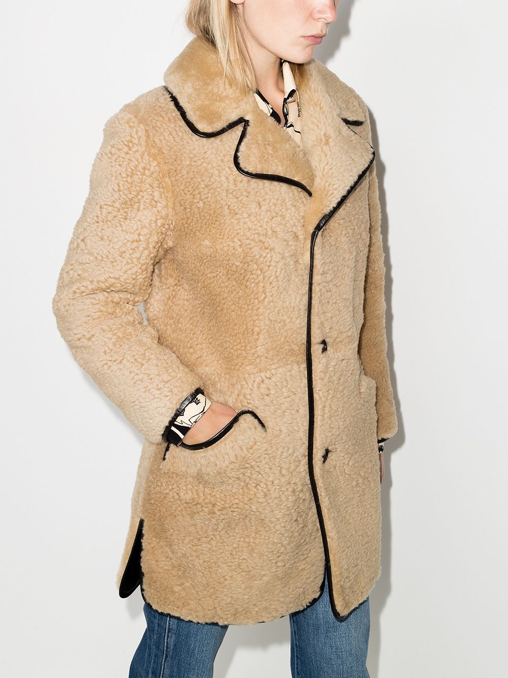 Shop Saint Laurent Leather-trim Shearling Coat In Nude