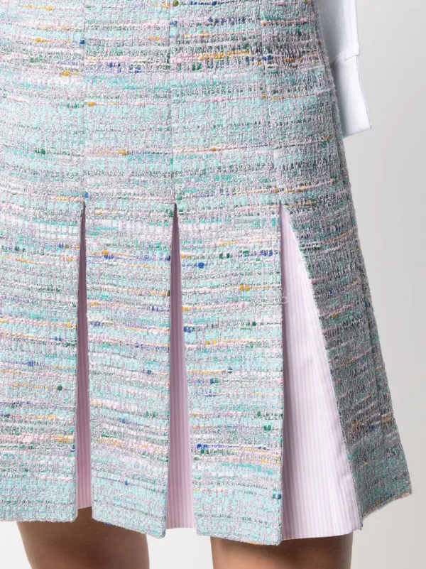 スカート PLEATED TWEED SKIRT Shining Plaid High Waist Pleated Tweed Skirt in Dark Green