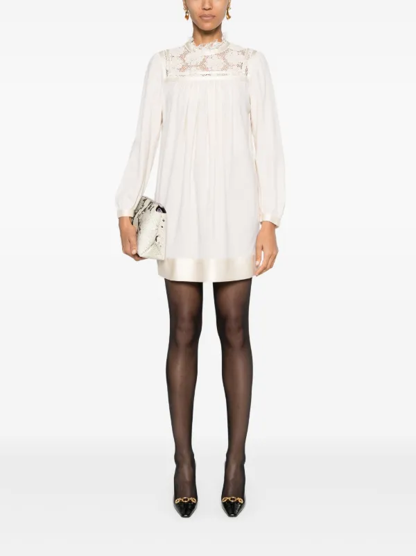 Saint Laurent Guipure-lace Panelling Mini Dress - Neutrals