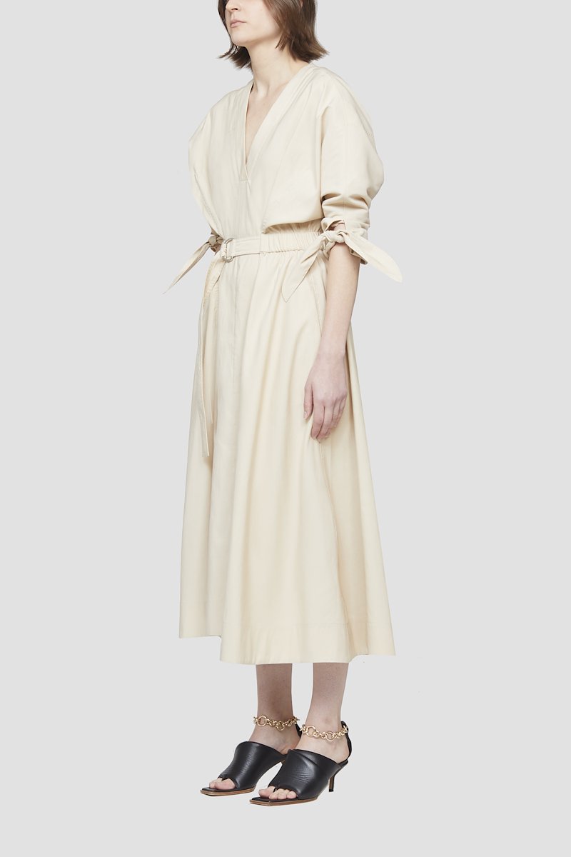 Belted Mid Length Dress-neutrals #0 Belted Mid Length Dress, V-neck belted midi dress from 3.1 PHILLIP LIM featuring beige, cotton blend, knot detailing, V-neck, three-quarter length sleeves, belted waist, D-ring buckle belt, elasticated waistband, flared skirt and mid-length.- 2