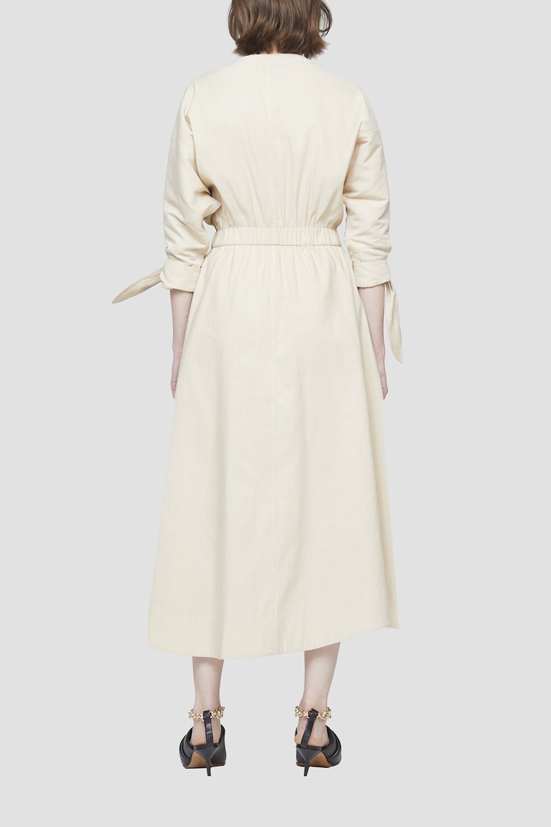 Belted Mid Length Dress-neutrals #1 Belted Mid Length Dress, V-neck belted midi dress from 3.1 PHILLIP LIM featuring beige, cotton blend, knot detailing, V-neck, three-quarter length sleeves, belted waist, D-ring buckle belt, elasticated waistband, flared skirt and mid-length.- 3