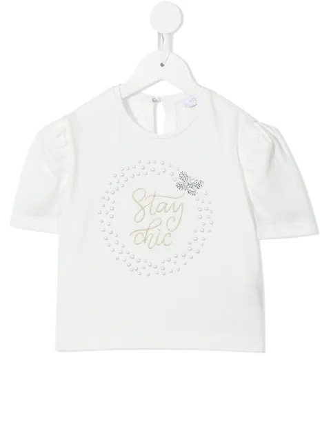 Monnalisa slogan embroidered short-sleeve blouse