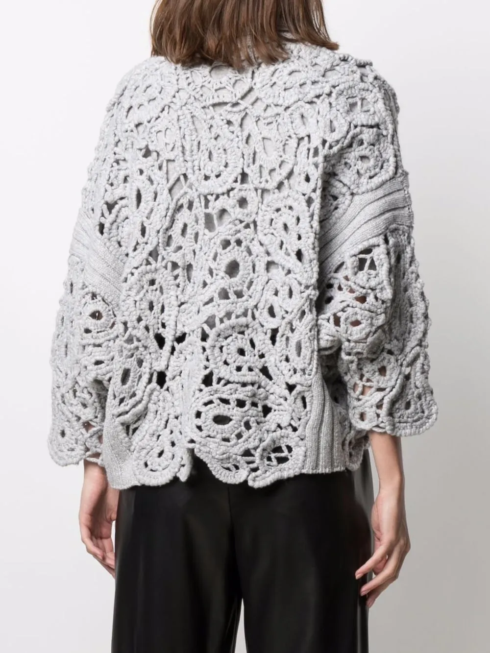 Brunello Cucinelli Crochet-design Long-sleeve Cardigan In Grey