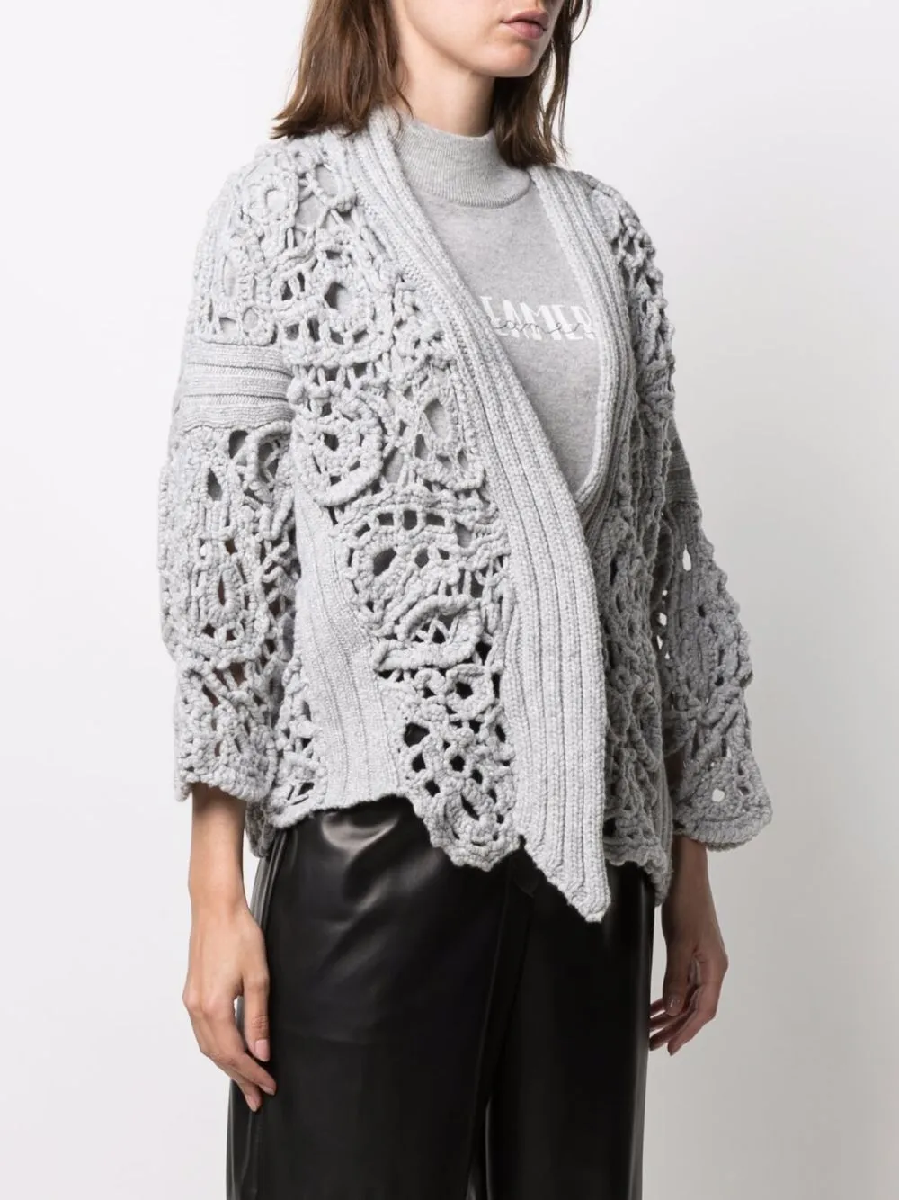 Brunello Cucinelli Crochet-design Long-sleeve Cardigan In Grey