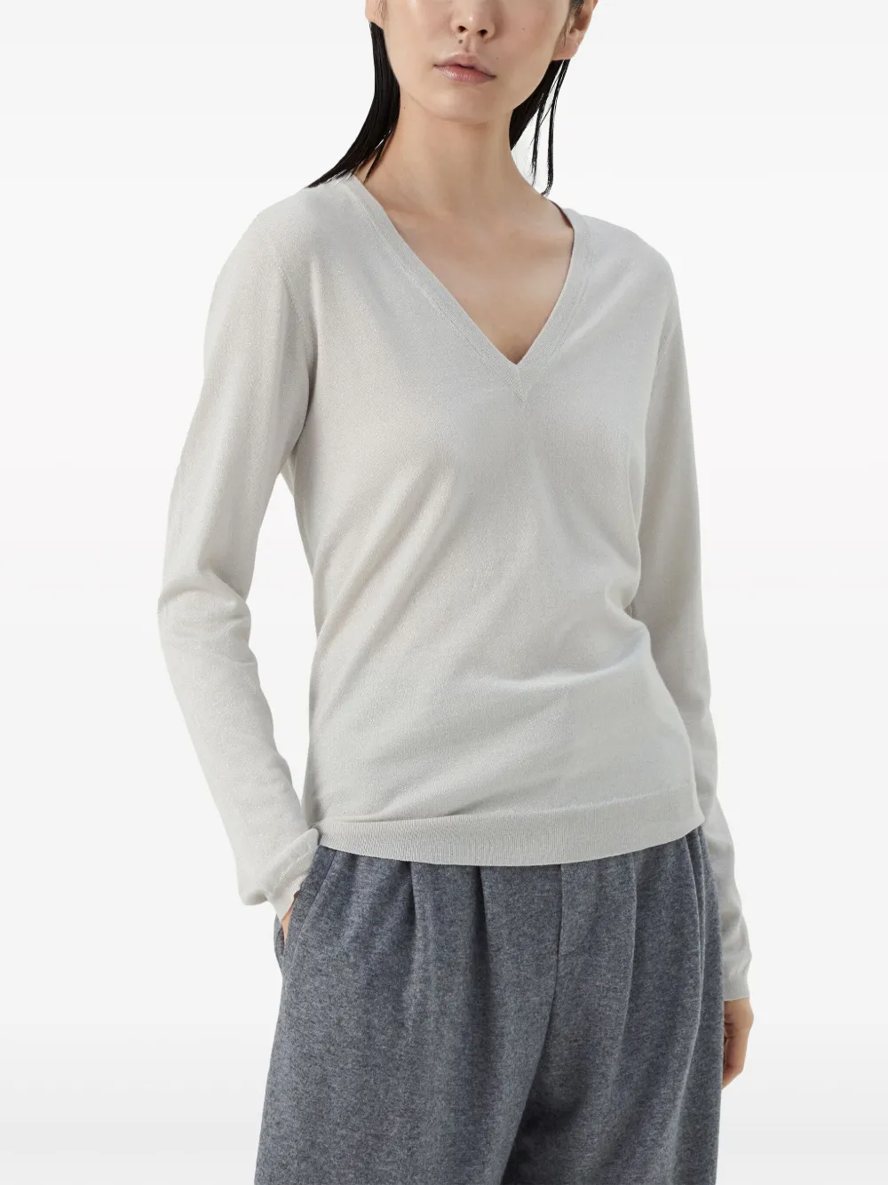 Brunello Cucinelli Cashmere-blend V-neck Jumper In Nude