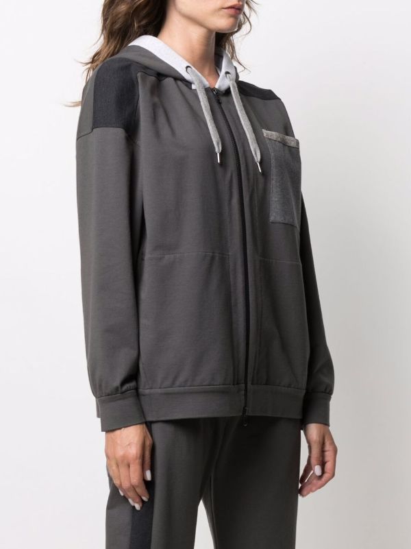 zip up panel drawstring hoodie