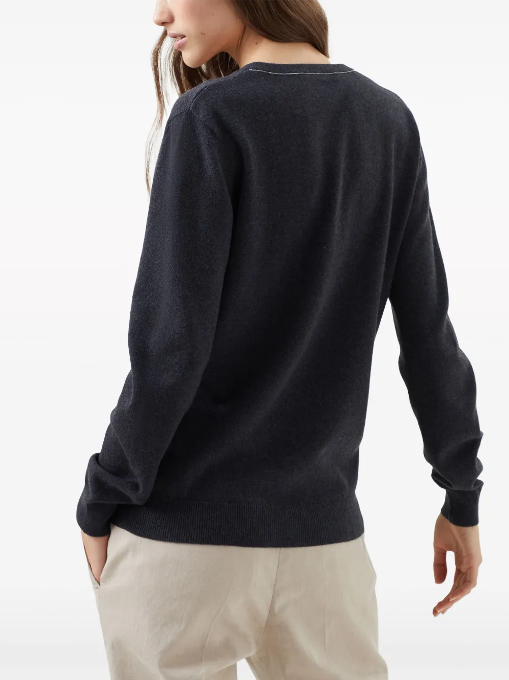 Brunello Cucinelli Cotton Ribbed Knit Top With Monili Detail In Grau