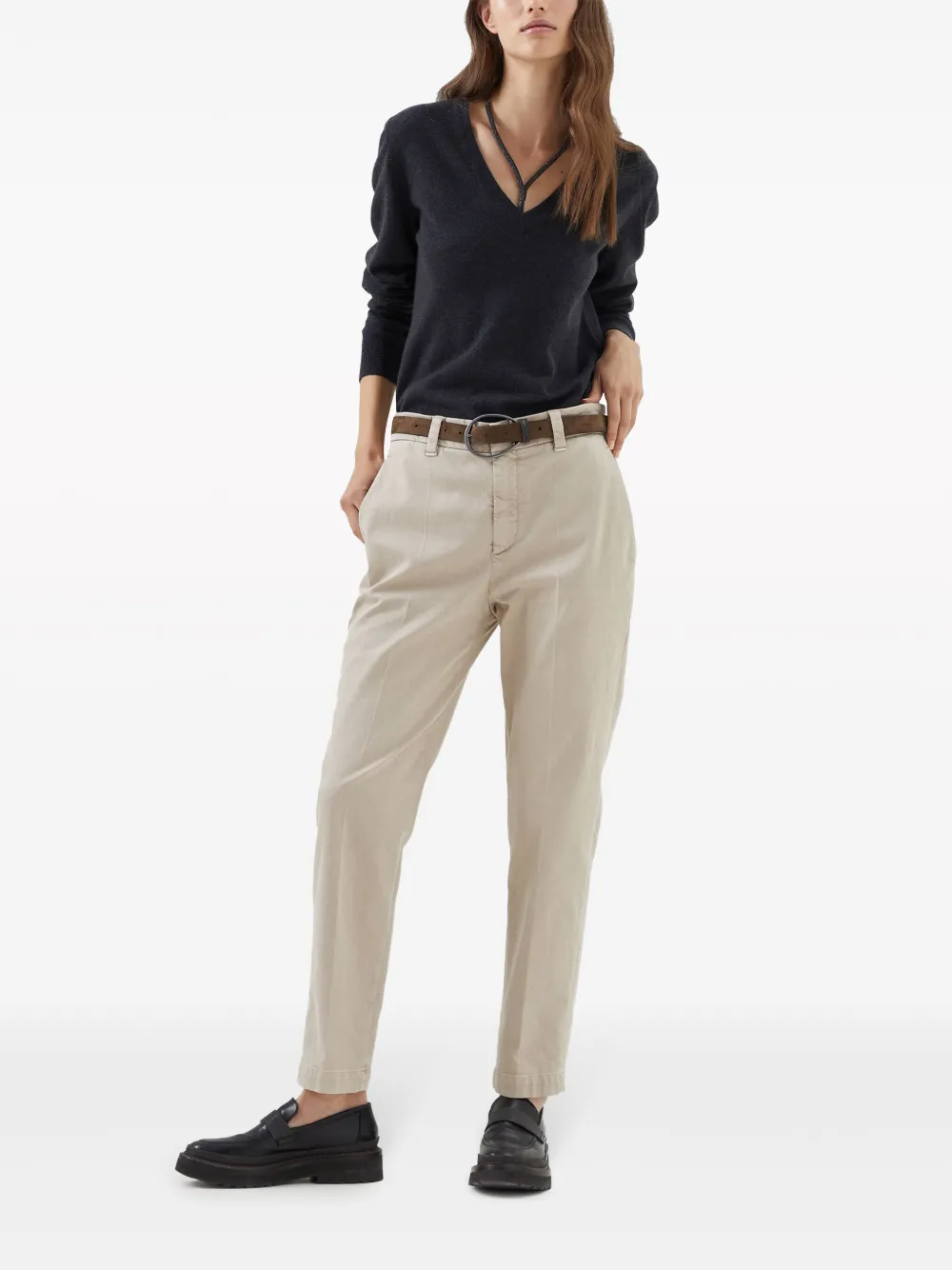 Brunello Cucinelli Cotton Ribbed Knit Top With Monili Detail In Grau