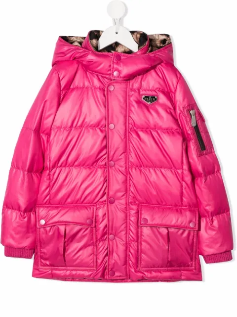 Philipp Plein Junior Satin logo-patch hooded padded jacket