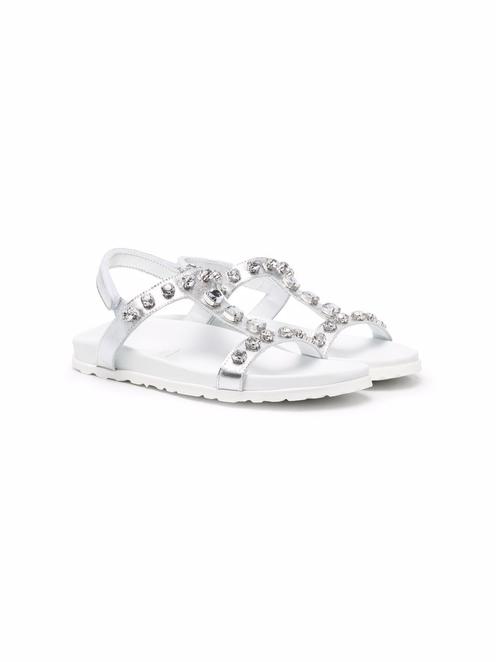 Twinset Teen Gem-embellished Leather Sandals In Silver