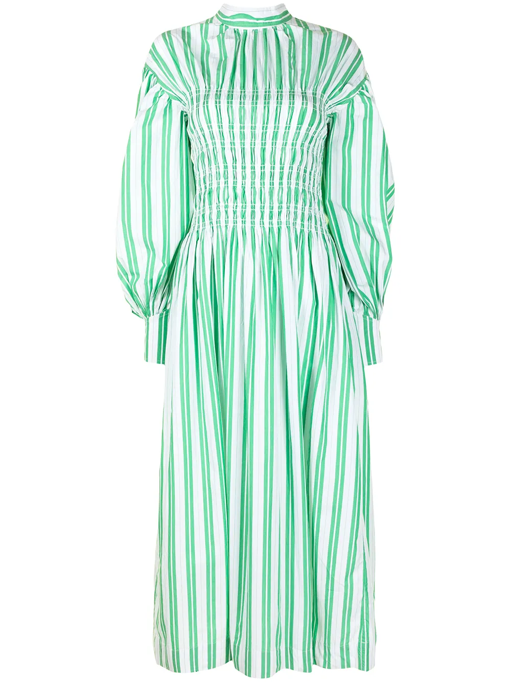 GANNI SHIRRED STRIPED MID-LENGTH DRESS