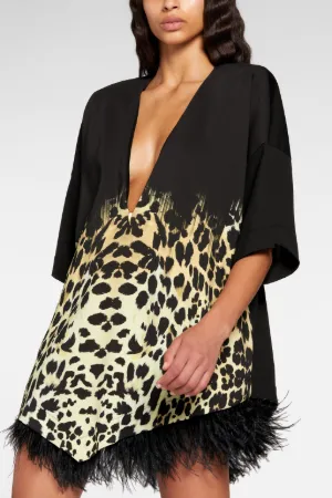 Sicily-Print Feather-Trimmed Mini Dress 