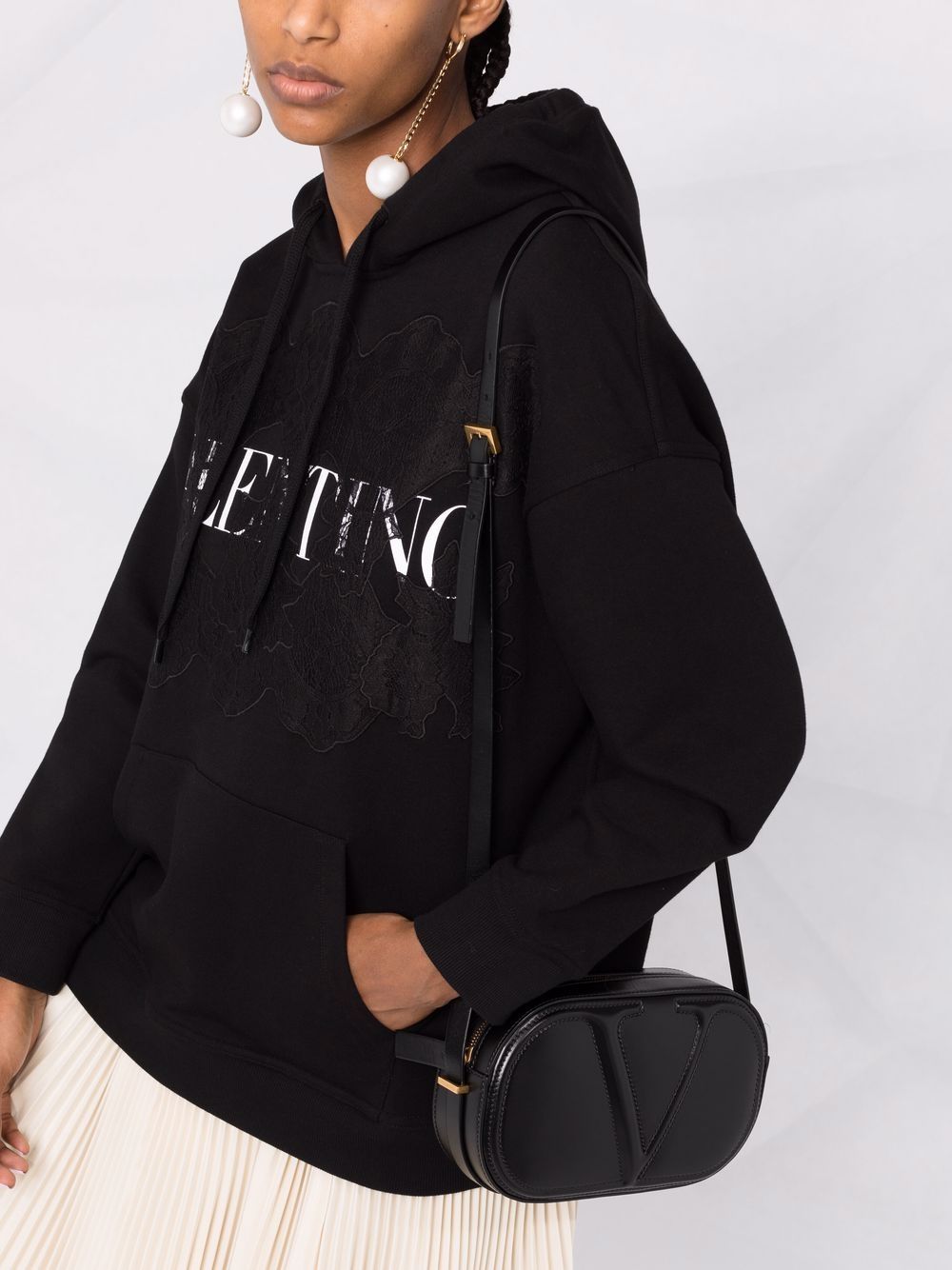 Shop Valentino Lace-panel Logo Hoodie In Black
