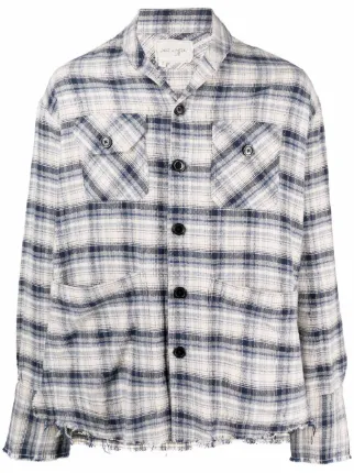 blue shawl collar check-pattern shirt 
