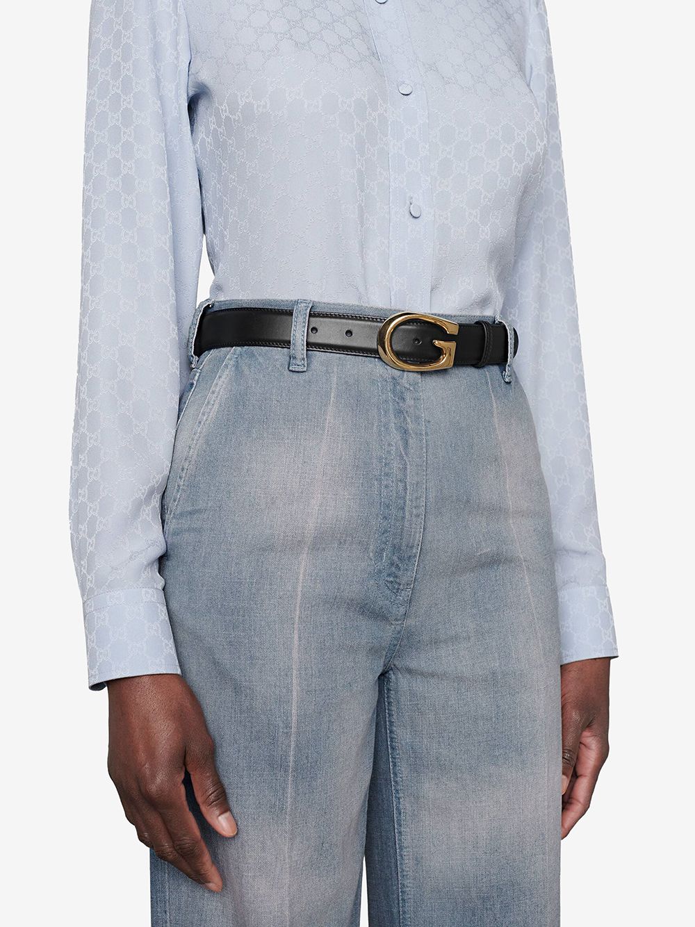 Shop Gucci G-buckle Thin Leather Belt In Schwarz