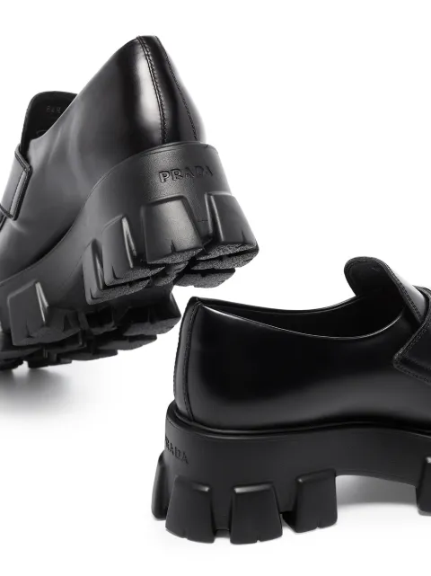 prada black chunky leather logo loafers