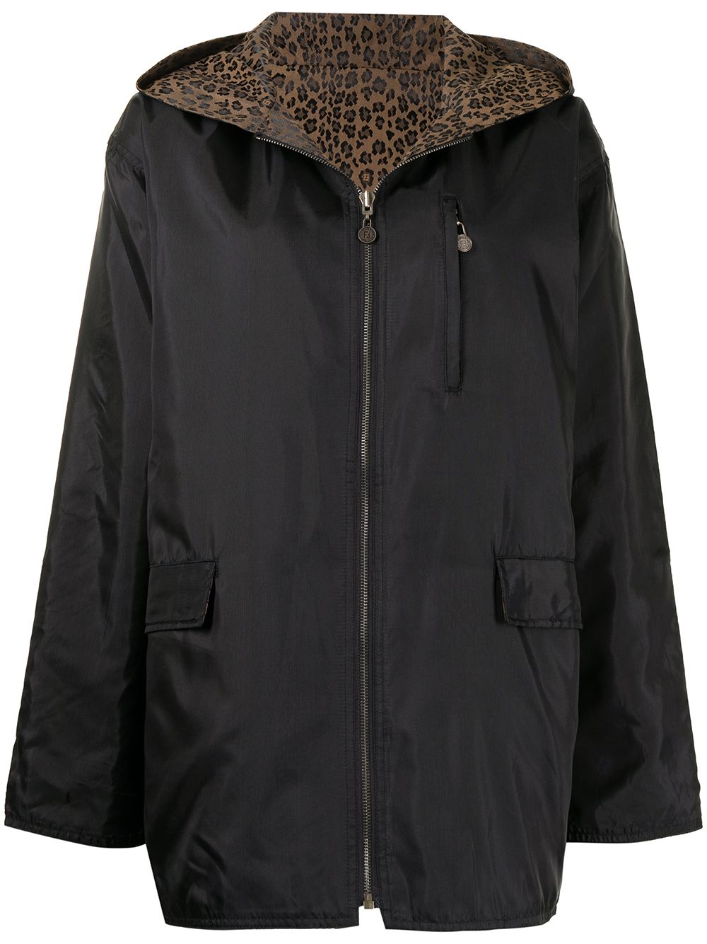 Pre-owned Fendi Leopard Print Reversible Hooded Jacket In Black