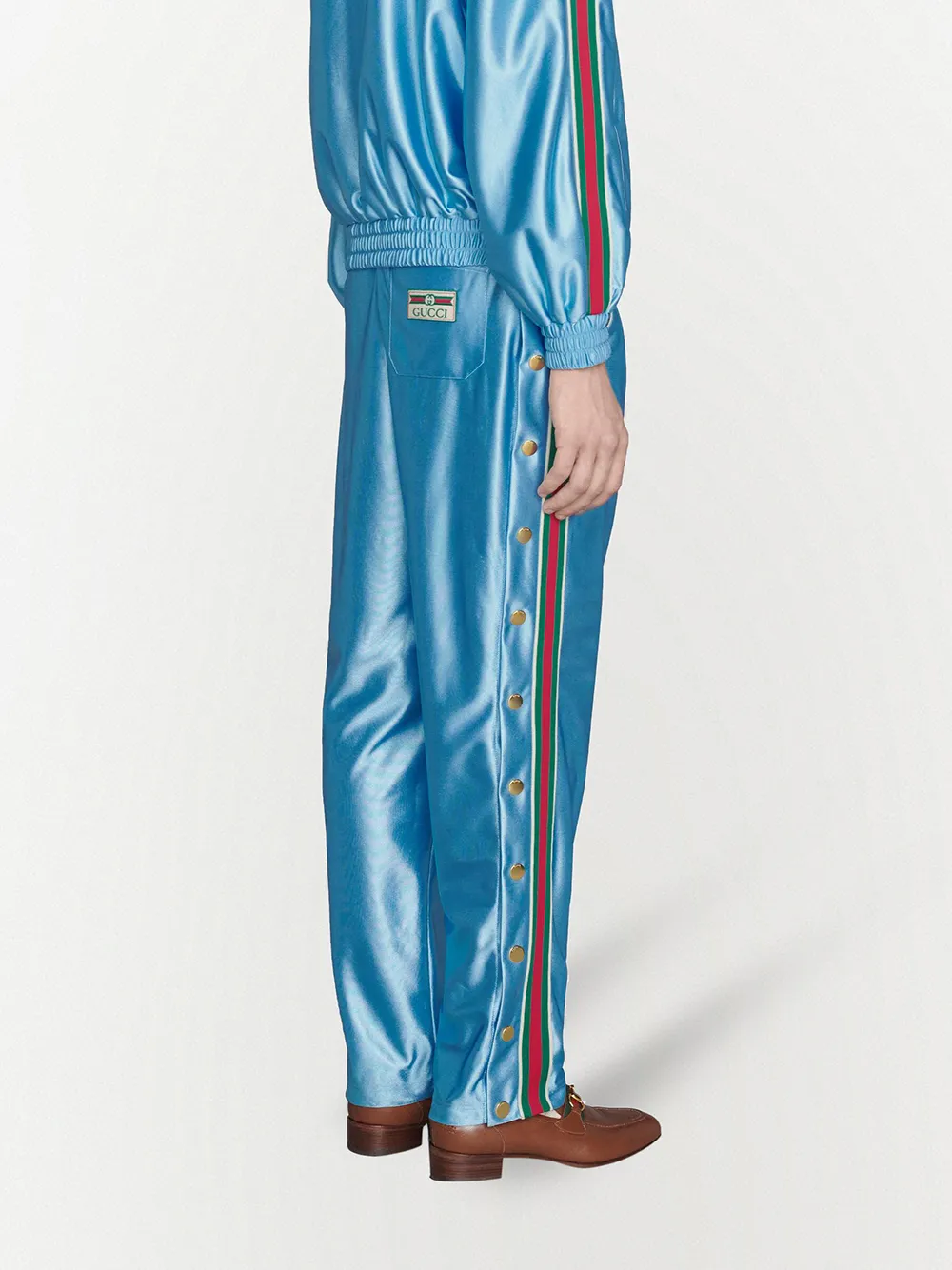 Shop Gucci Web Stripe Shiny Jersey Track Pants In Blue