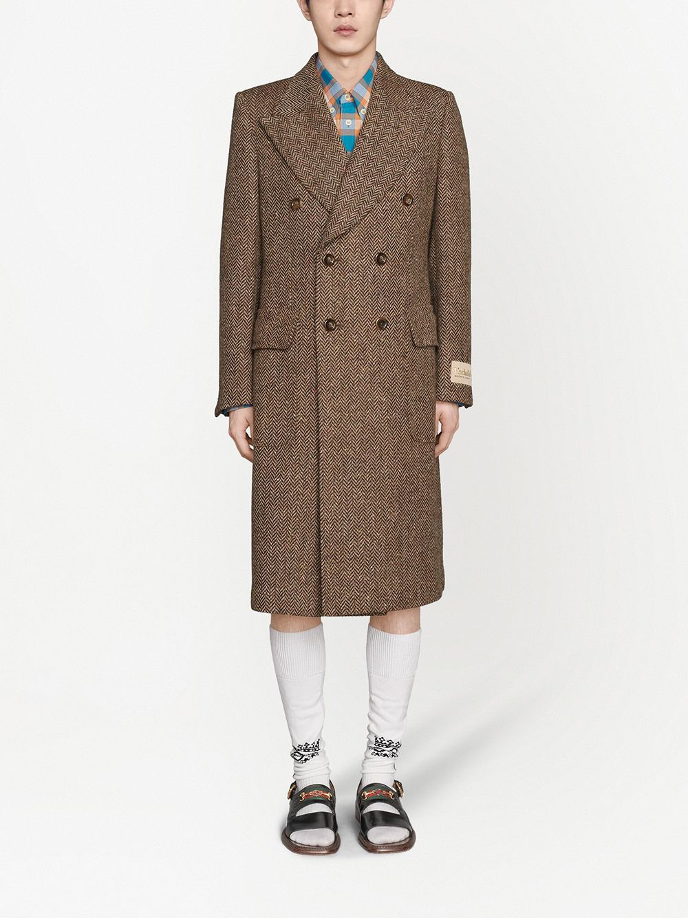 фото Gucci двубортное пальто с узором в елочку
