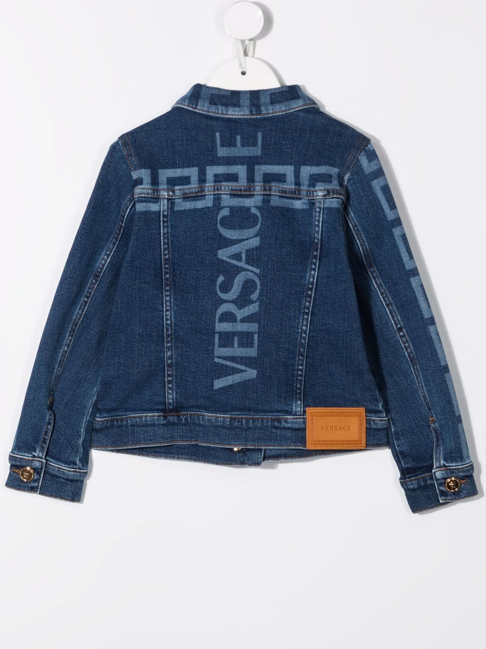 Shop Versace Greco-print Buttoned Denim Jacket In Blue