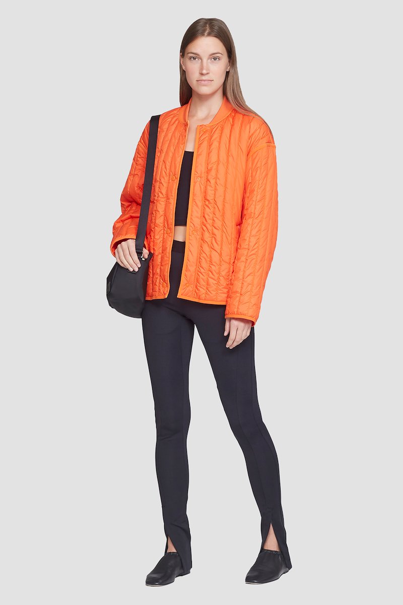 Quilted Liner Jacket-orange #0 Quilted Liner Jacket, Orange quilted single-breasted jacket from 3.1 PHILLIP LIM featuring quilted, collarless, drop shoulder, front press-stud fastening, long sleeves, elasticated cuffs, two side slit pockets and straight hem.- 0