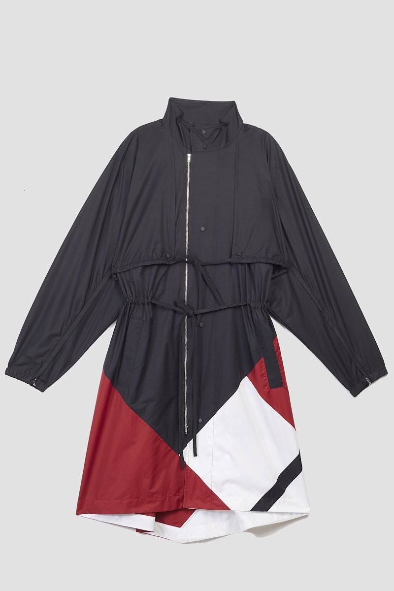 Fishtail Parka-black #0 Fishtail Parka, colour-block drawstring parka from 3.1 PHILLIP LIM featuring black/red, cotton blend, colour-block design, stand-up collar, front press-stud and zip fastening, drawstring waist, long sleeves, cuff zips, two side inset pockets and fishtail design.- 10