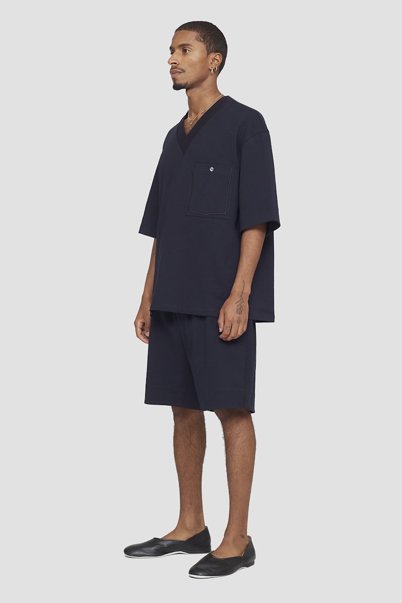 V-Neck Knit Shirt-blue #0 V-Neck Knit Shirt, contrast-trim T-shirt from 3.1 PHILLIP LIM featuring midnight blue, cotton, contrast stitching, V-neck, ribbed trim and short sleeves.- 2