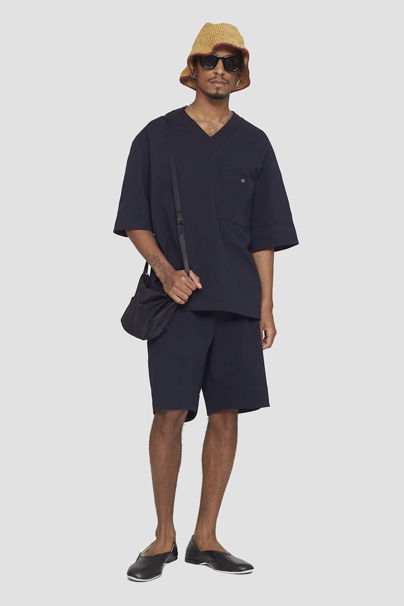 V-Neck Knit Shirt-blue #0 V-Neck Knit Shirt, contrast-trim T-shirt from 3.1 PHILLIP LIM featuring midnight blue, cotton, contrast stitching, V-neck, ribbed trim and short sleeves.- 0